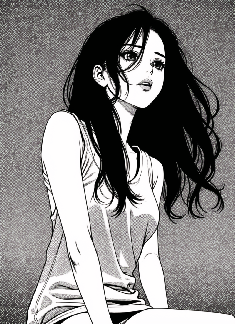 31076236-3690578511-boichi manga style, 1girl, monochrome greyscale, solo, sitting, long hair, upper body, ((masterpiece)) _lora_boichi_manga_style_.png